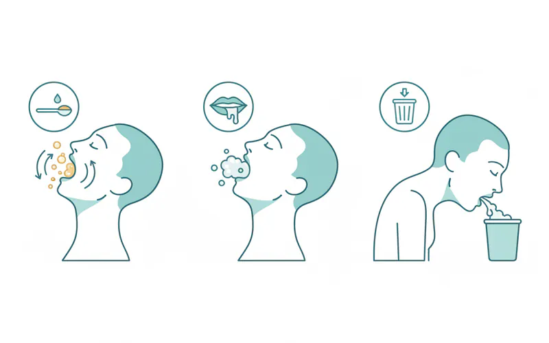 A clear, step-by-step diagram illustrating the oil pulling process, showing a person swishing oil, the oil changing color/consistency, and proper disposal methods (spitting into a trash can). Each step should have a small icon.