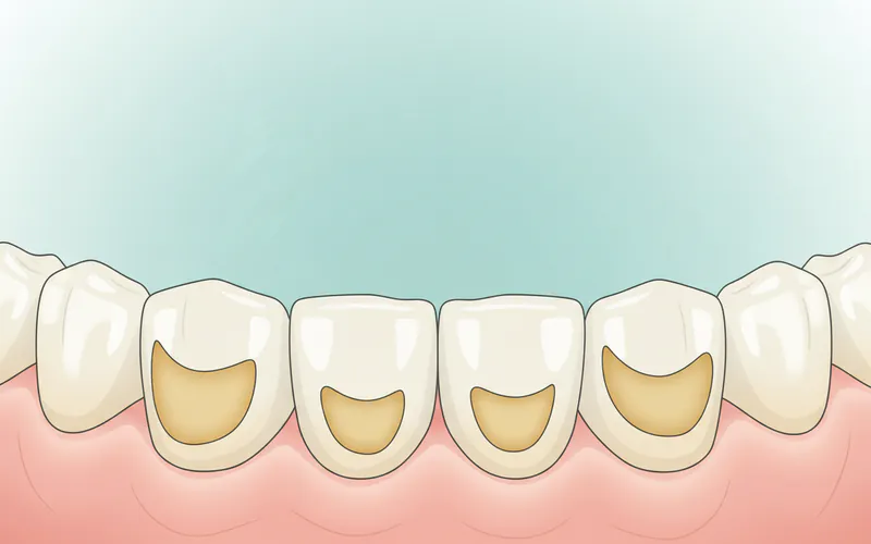 A close-up illustration of the inner surfaces of upper front teeth, clearly showing smooth, rounded erosion (perimylolysis) and visible yellow dentin where enamel has been lost.