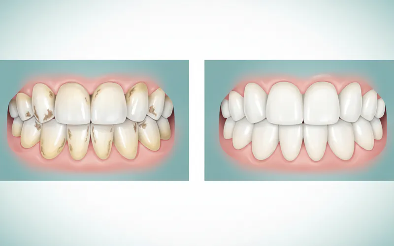 A before-and-after illustration showing a severely eroded set of upper front teeth (before) and the same teeth restored with dental veneers or crowns, demonstrating improved shape, color, and length (after).