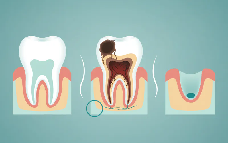 A comparison illustration showing a healthy tooth, a tooth with deep decay requiring root canal, and a tooth after extraction with an empty socket.