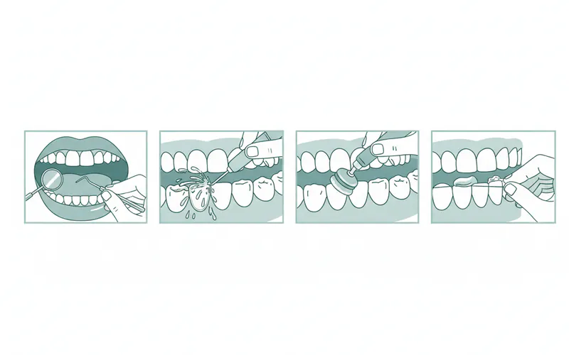 A series of illustrations depicting the steps of a professional dental cleaning, from initial examination to scaling, polishing, and flossing, clearly showing the tools used.