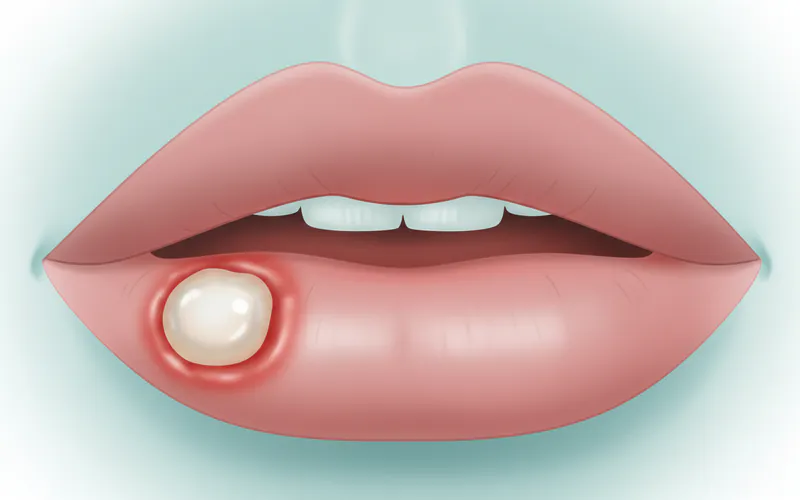 A close-up medical illustration showing a typical canker sore with a white center and red inflamed border on the inside of a lip
