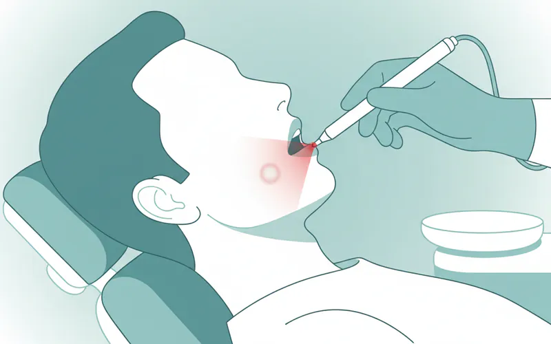 A patient in a dental chair receiving low-level laser treatment on a canker sore on their inner cheek