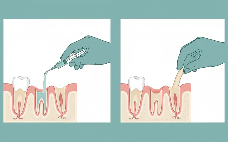 A step-by-step illustration showing a dental professional irrigating a dry socket, followed by the placement of a medicated dressing.
