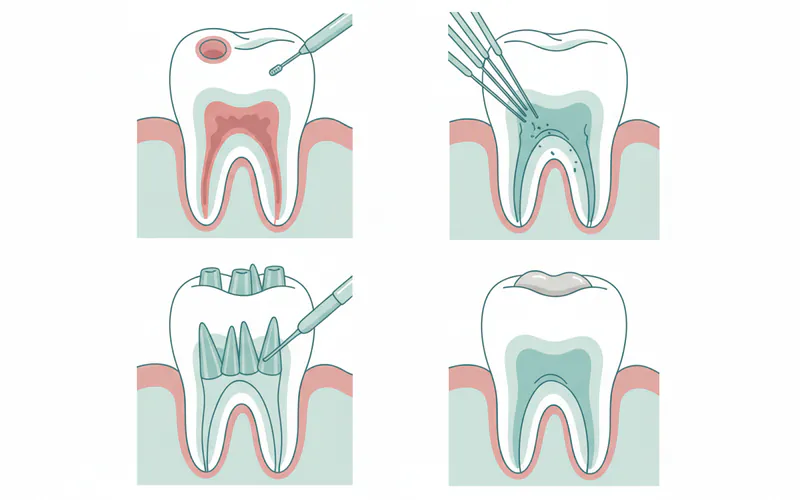 A series of illustrations depicting the step-by-step root canal process: 1. Access opening, 2. Pulp removal/cleaning, 3. Filling with gutta-percha, 4. Sealing and temporary filling.
