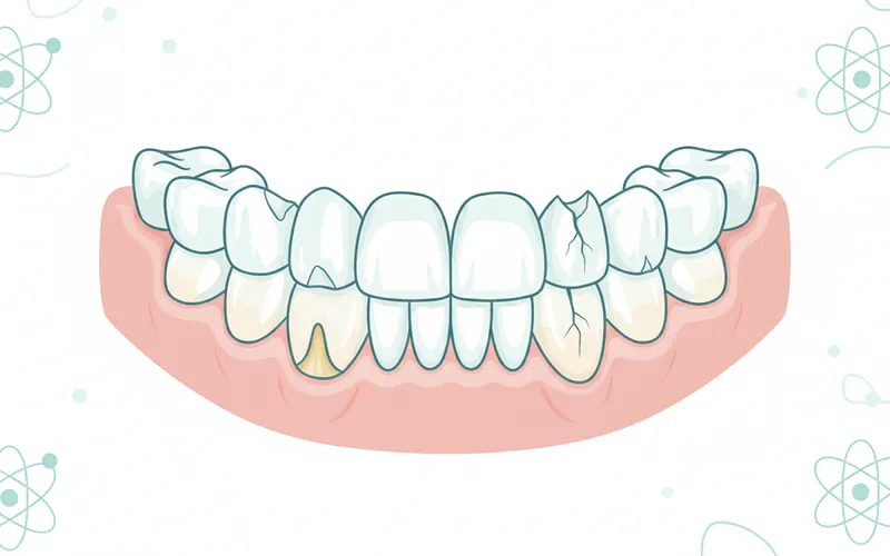 Illustration showing various dental signs of bruxism: flattened biting surfaces on molars, chips on incisors, an abfraction lesion near the gum line, and a craze line crack on a tooth.