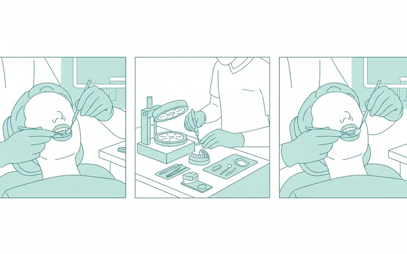 A series of illustrations depicting the steps of getting a custom nightguard: 1) dentist taking impressions, 2) lab technician fabricating the nightguard, 3) patient trying on the fitted nightguard in the dental chair.