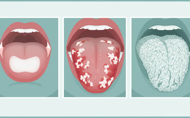 A collage showing different types of leukoplakia: 1) a flat, uniformly white patch (homogeneous), 2) a patch with both red and white areas (erythroleukoplakia), and 3) a thick, shaggy, wart-like lesion on the side of the tongue (verrucous/hairy leukoplakia).