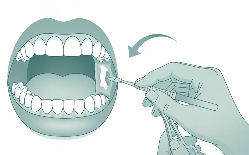 A diagram illustrating an incisional biopsy being performed on a leukoplakia lesion on the buccal mucosa. It shows a small wedge of tissue being removed with a scalpel, with an arrow indicating the tissue being sent for lab analysis.