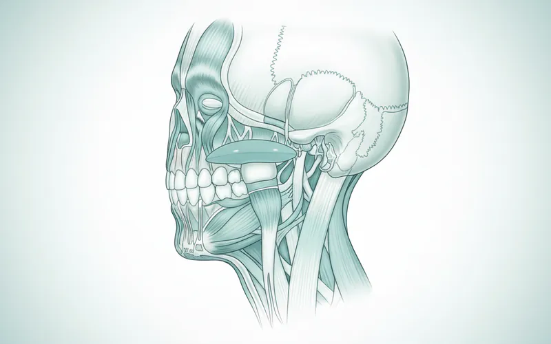 Detailed anatomical illustration of the temporomandibular joint, showing the condyle, fossa, articular disc, and surrounding muscles/ligaments.