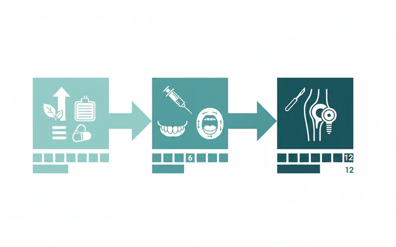 Infographic illustrating the phased approach to TMJ disorder treatment, showing conservative, minimally invasive, and surgical steps with estimated timelines.