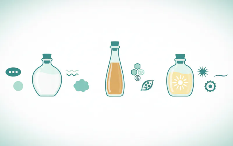 A comparative infographic showing three bottles (coconut, sesame, sunflower oil) with bullet points next to each highlighting their key properties (e.g., "Coconut: Lauric Acid, Mild Taste," "Sesame: Antioxidants, Nutty Flavor," "Sunflower: Vitamin E, Neutral Taste").