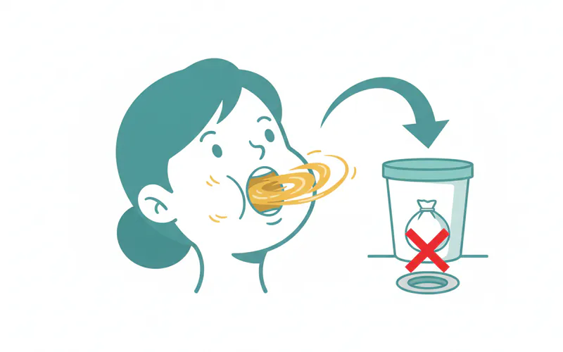 A cartoon illustration showing a person gently swishing oil in their mouth, with an arrow pointing to a trash can for spitting, and a red "X" over a sink drain to emphasize proper disposal.